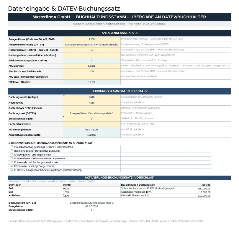 Automatisch erzeugter DATEV-Buchungssatzvorschlag zur Übergabe an den Buchhalter