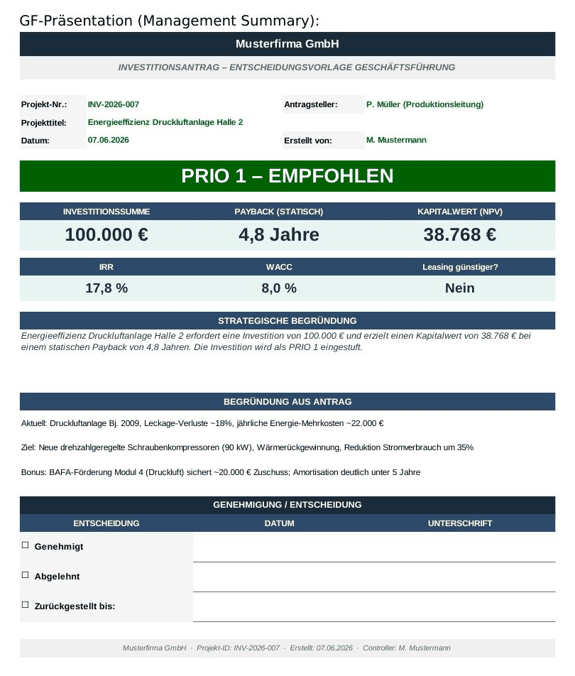 GF-Präsentation Management Summary mit PRIO-1-Empfehlung, Kapitalwert und IRR