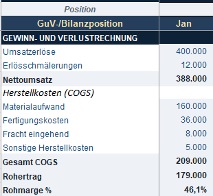 Eingabeblatt: GuV-Position Nettoumsatz, Herstellkosten und Rohertrag nach Monat