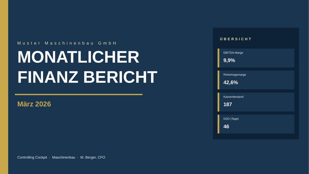 PowerPoint-Vorlage Cover-Folie: Monatlicher Finanzbericht mit Übersichts-Kennzahlen