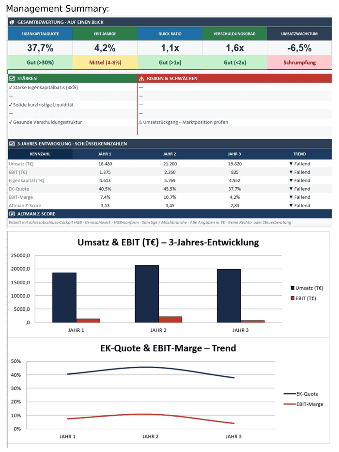 Management Summary mit Gesamtbewertung, Stärken/Schwächen und 3-Jahres-Entwicklung