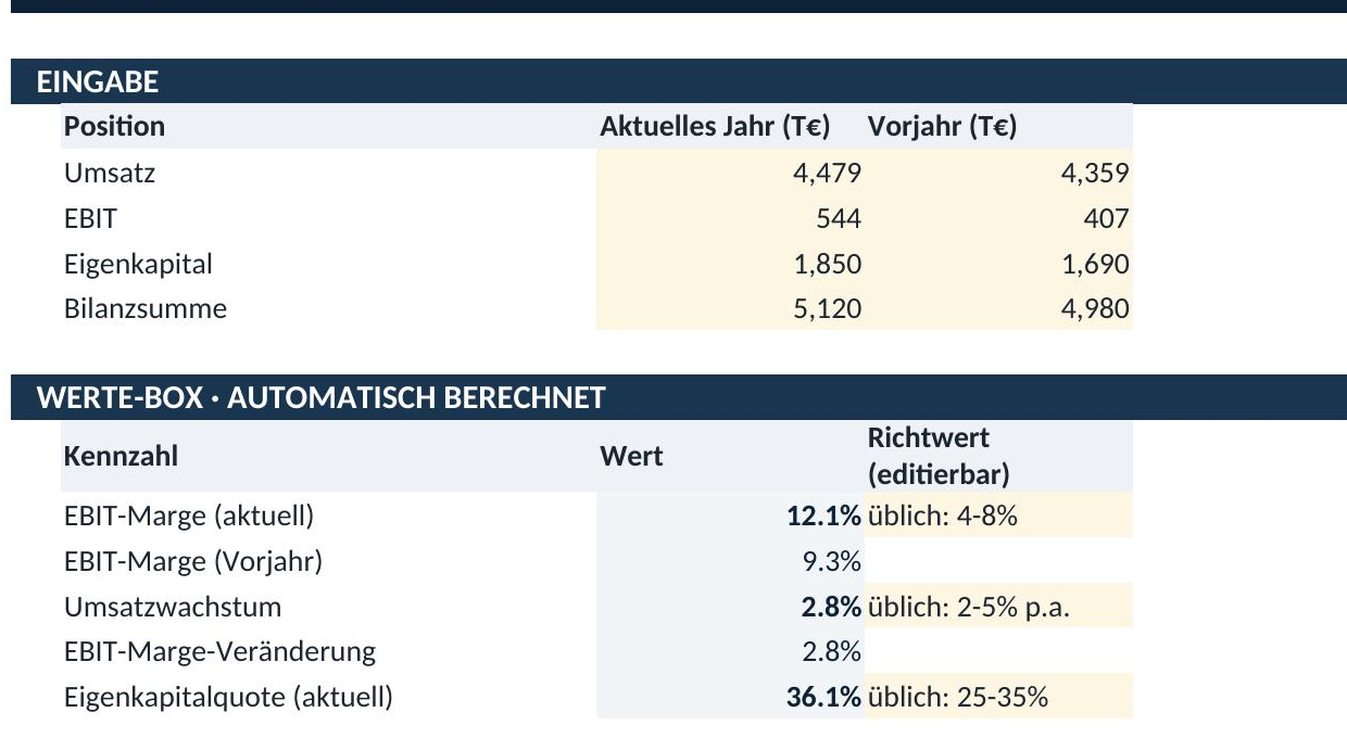 Werte-Box mit automatisch berechneten Finanzkennzahlen aus der BWA und editierbaren Richtwerten