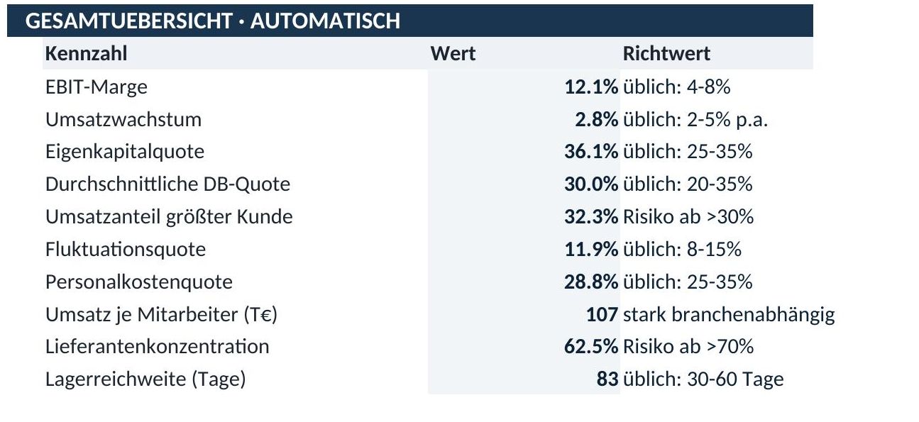 Management-Reporting Gesamtübersicht mit allen 10 Kennzahlen aus Finanz-, Vertriebs-, Personal- und Einkaufsbereich